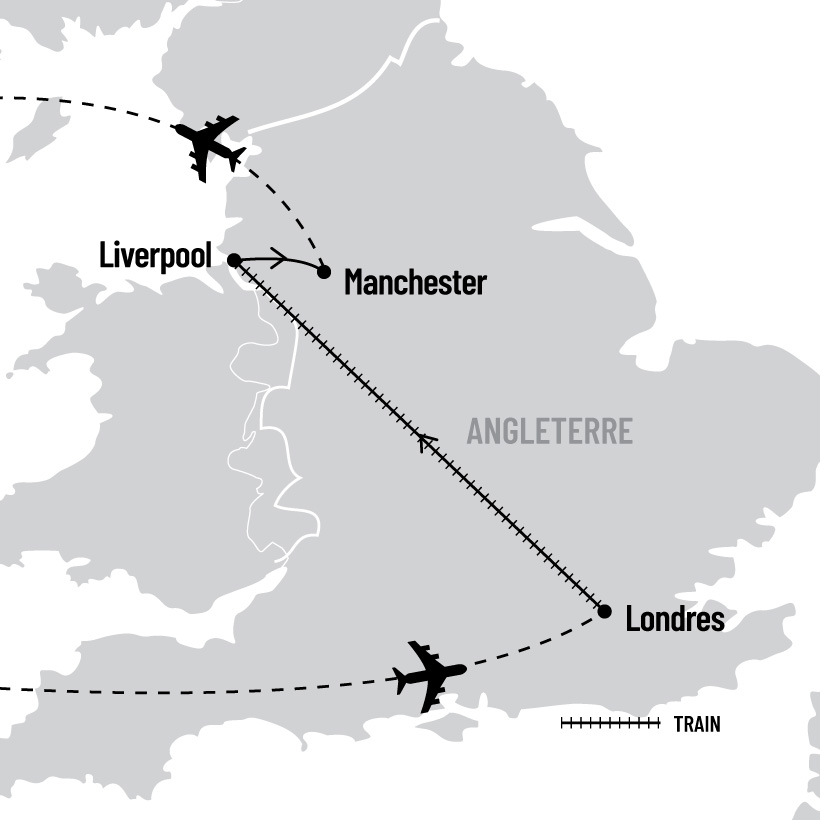 Londres, Liverpool et les Beatles en train map