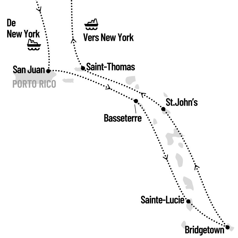 Croisière dans les Caraïbes du Sud au départ de New York map